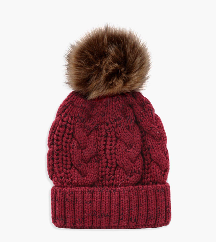 Cable Knit Faux Fur Pom Beanie