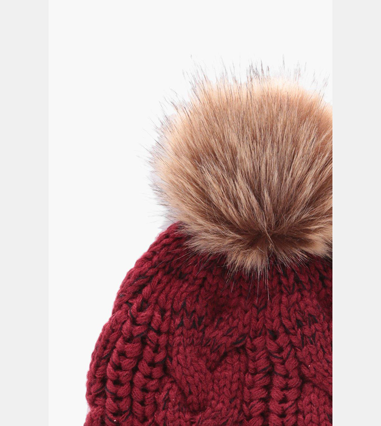 Cable Knit Faux Fur Pom Beanie