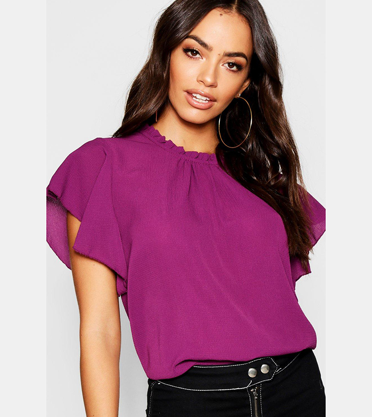 Buy Boohoo Woven Frill Sleeves And Neck Top In Purple | 6thStreet UAE