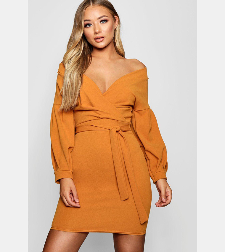 Buy Boohoo Off The Shoulder Wrap Bodycon Dress In Orange