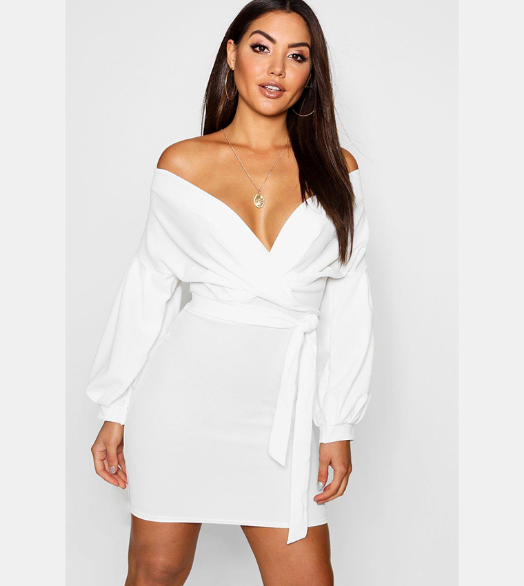 boohoo white off the shoulder dress White Off the Shoulder Dress