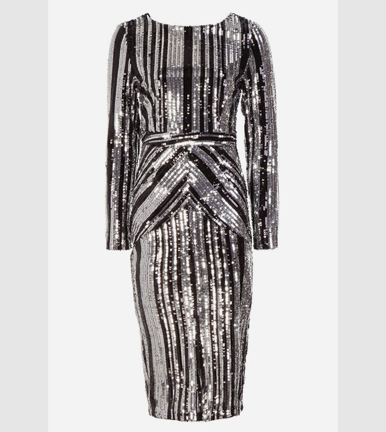 boohoo black and silver sequin dress boohoo Women's Plus Size Disc Sequin Wrap Flare Sleeve Dress