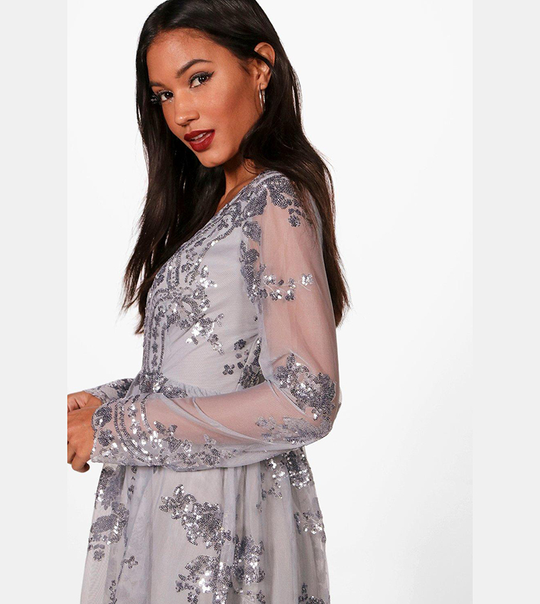 Buy Boohoo Ellie Sequin And Mesh Long Sleeves Skater Party Dress In Gold |  6thstreet Oman