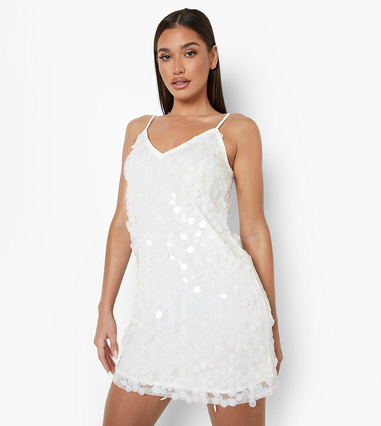 Buy Boohoo Rivinda Disc Sequined Slip Party Dress In White