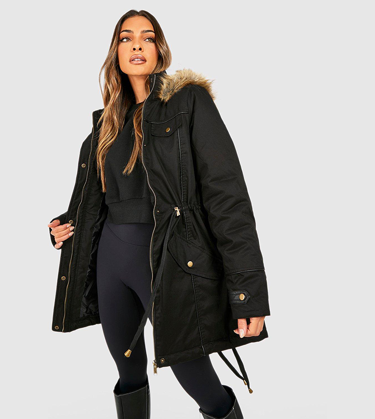 Buy Boohoo Faux Fur Trim Hood Parka Jacket In Black 6thStreet