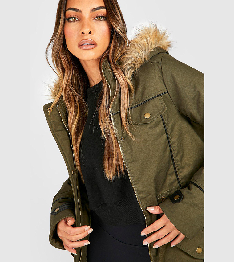 Buy Boohoo Faux Fur Trim Hood Parka Jacket In Khaki 6thStreet UAE