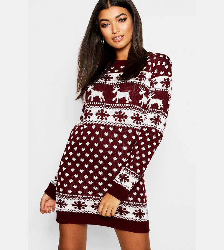 Buy Boohoo Reindeers And Snowflake Christmas Sweater Dress In Red