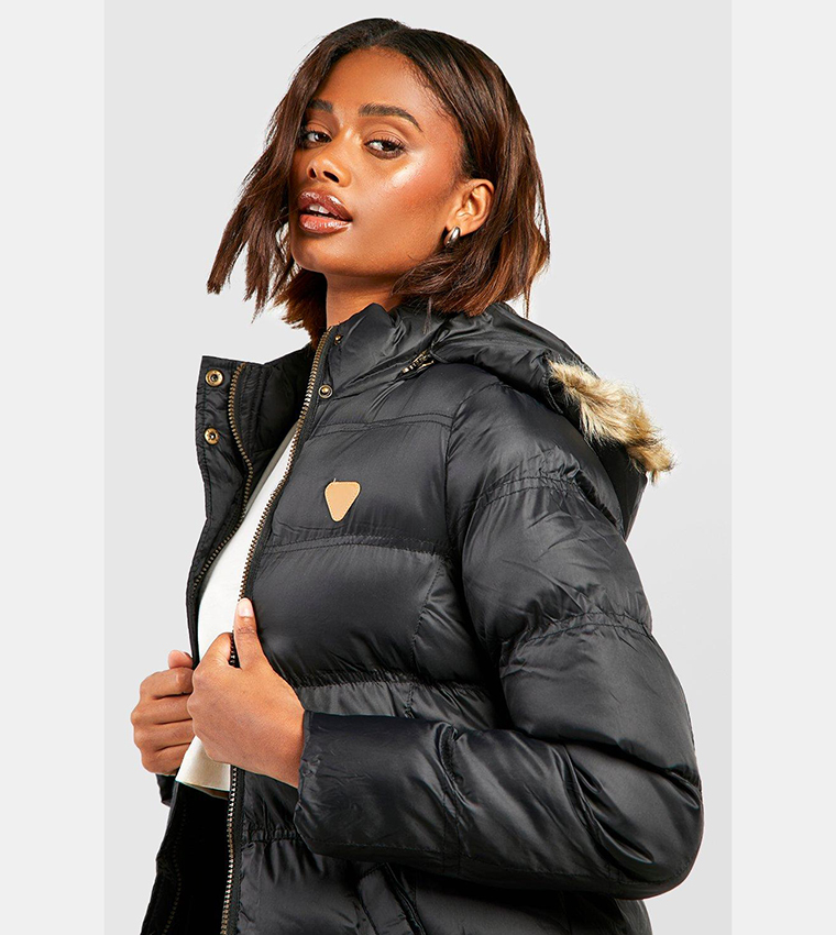 Black padded faux fur hotsell hooded jacket