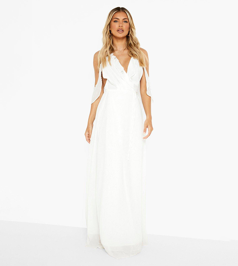 Buy Boohoo Chiffon Frill Wrap Maxi Bridesmaid Dress In White