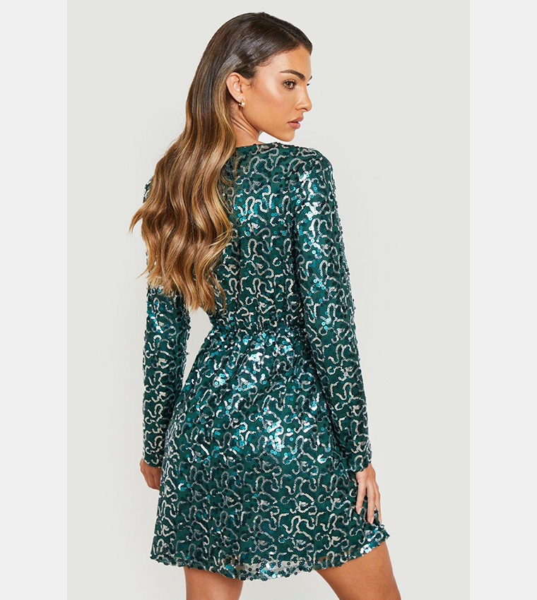 boutique sequin wrap skater dress Sequin Skater Dress With Long Sleeve Gold by Urban Touch