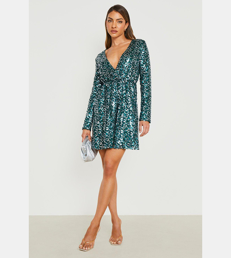 boutique sequin wrap skater dress Sequin Skater Dress With Long Sleeve Gold by Urban Touch