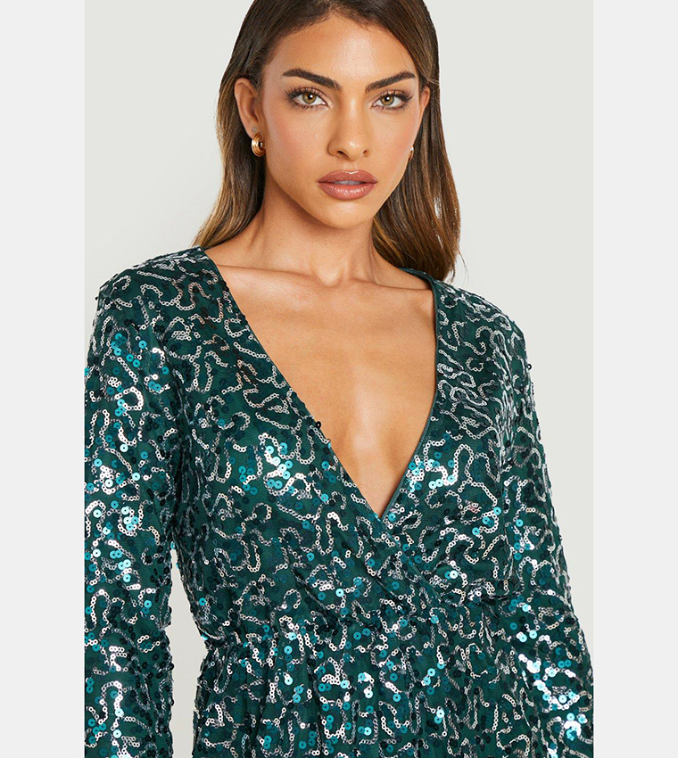 boutique sequin wrap skater dress Buy Boohoo Boutique Sequin Wrap Skater Party Dress In Green