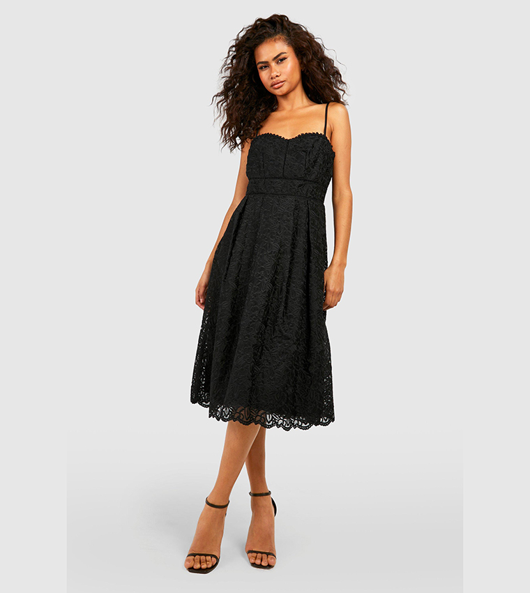 boutique lace midi skater dress Strapless guipure lace midi dress - peach
