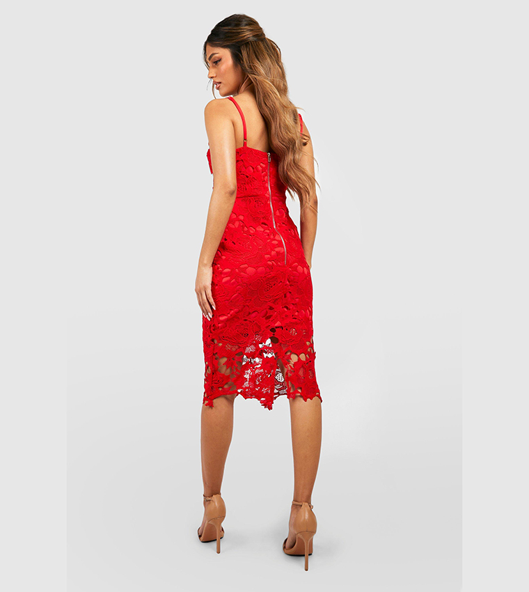 red lace bodycon midi dress