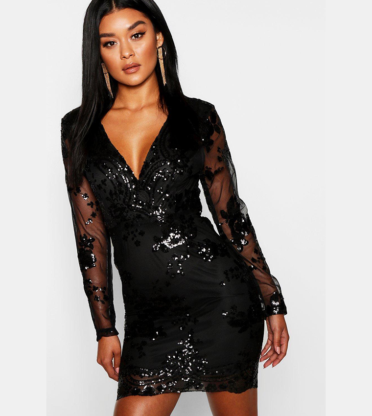 Buy Boohoo Boutique Sequin Print Mesh Bodycon Party Dress In Black 6thStreet Qatar