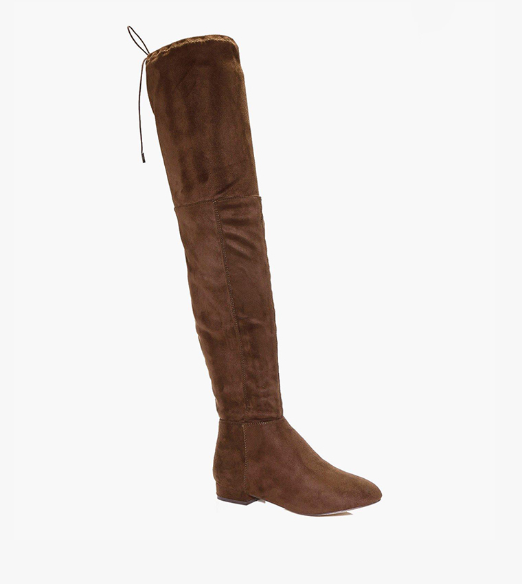 Buy Boohoo Flat Tie Back Thigh High Boots In Beige 6thStreet Oman