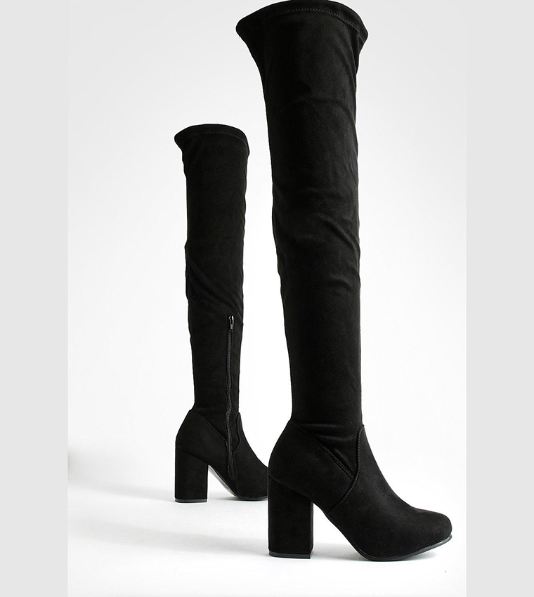 Buy Boohoo Eloise Block Heel Thigh High Boots In Black 6thstreet Bahrain 5350