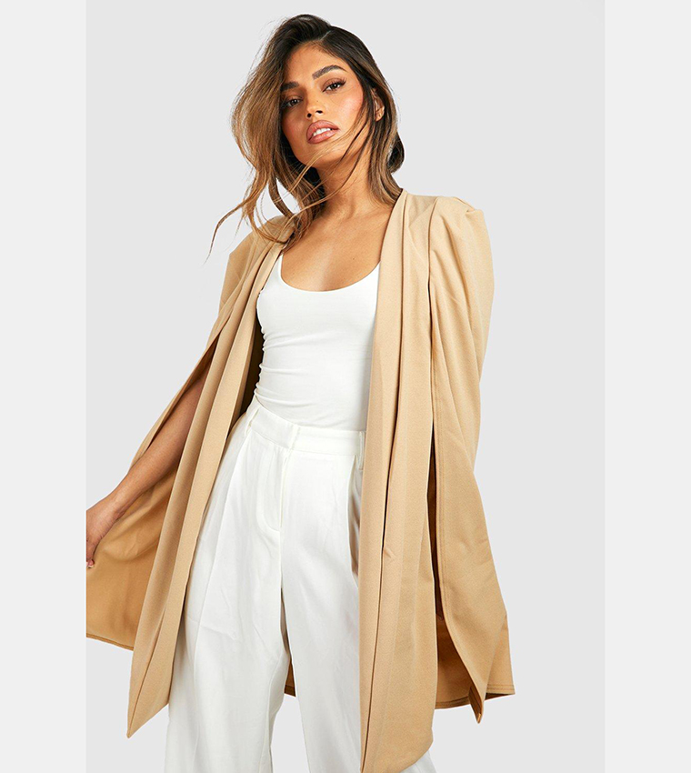 Buy Boohoo Longline Tailored Jersey Casual Jacket In Beige