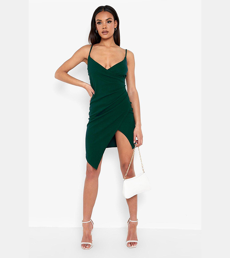 Buy Boohoo Strappy Wrap Pleated Bodycon Midi Dress In Green