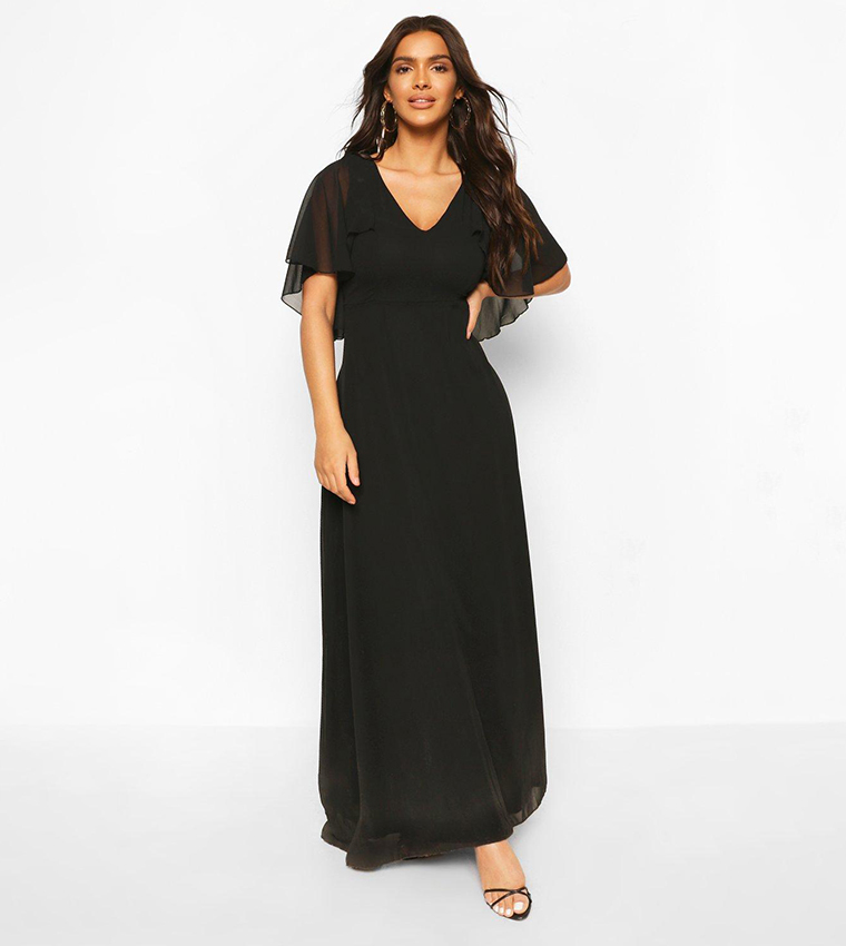 Buy Boohoo Chiffon Cape Sleeves Maxi Bridesmaid Dress In Black | 6thstreet  Oman