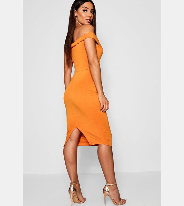 sweetheart off shoulder bodycon midi dress Buy Boohoo In Orange Size:39 (EU) / 6 (US) / 5 (UK)