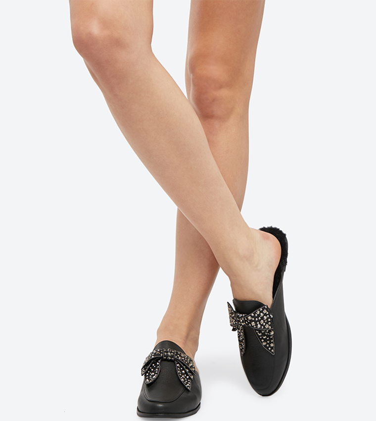 Embellished Bow Details Round Toe Mules - Black EC2122