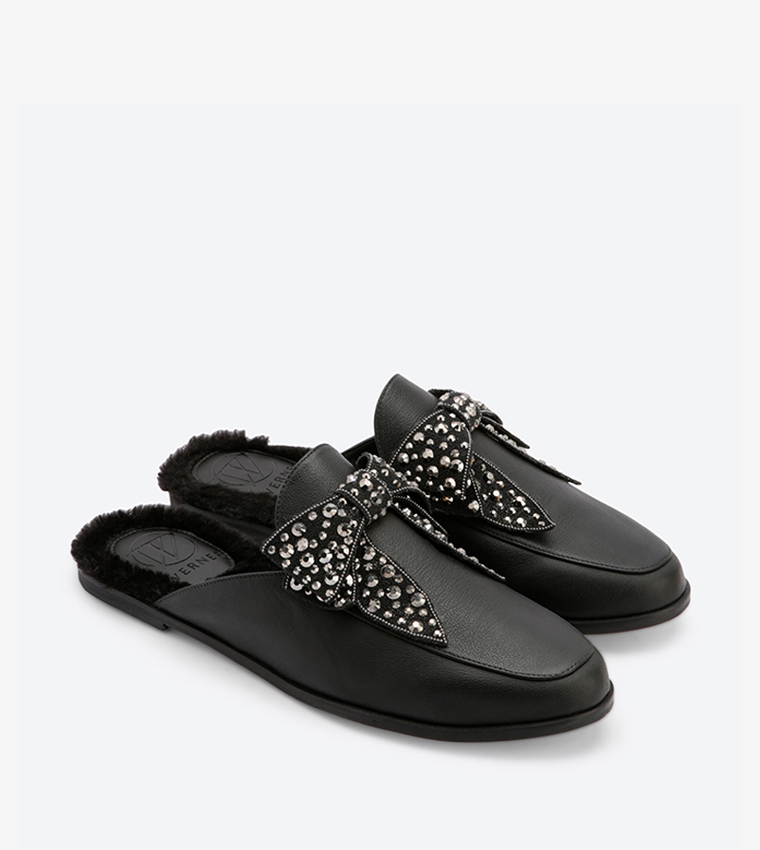 Embellished Bow Details Round Toe Mules - Black EC2122