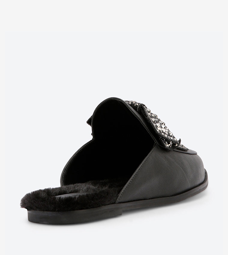 Embellished Bow Details Round Toe Mules - Black EC2122