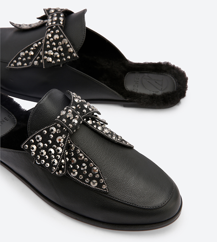 Embellished Bow Details Round Toe Mules - Black EC2122