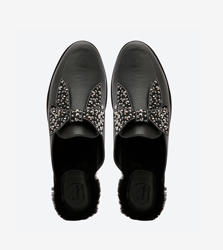 Embellished Bow Details Round Toe Mules - Black EC2122