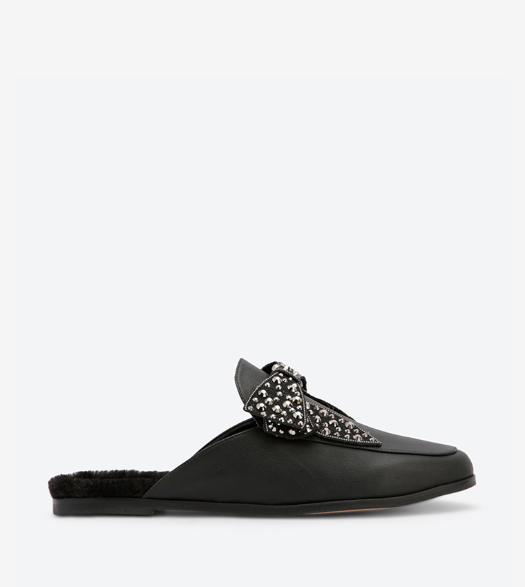 Embellished Bow Details Round Toe Mules - Black EC2122