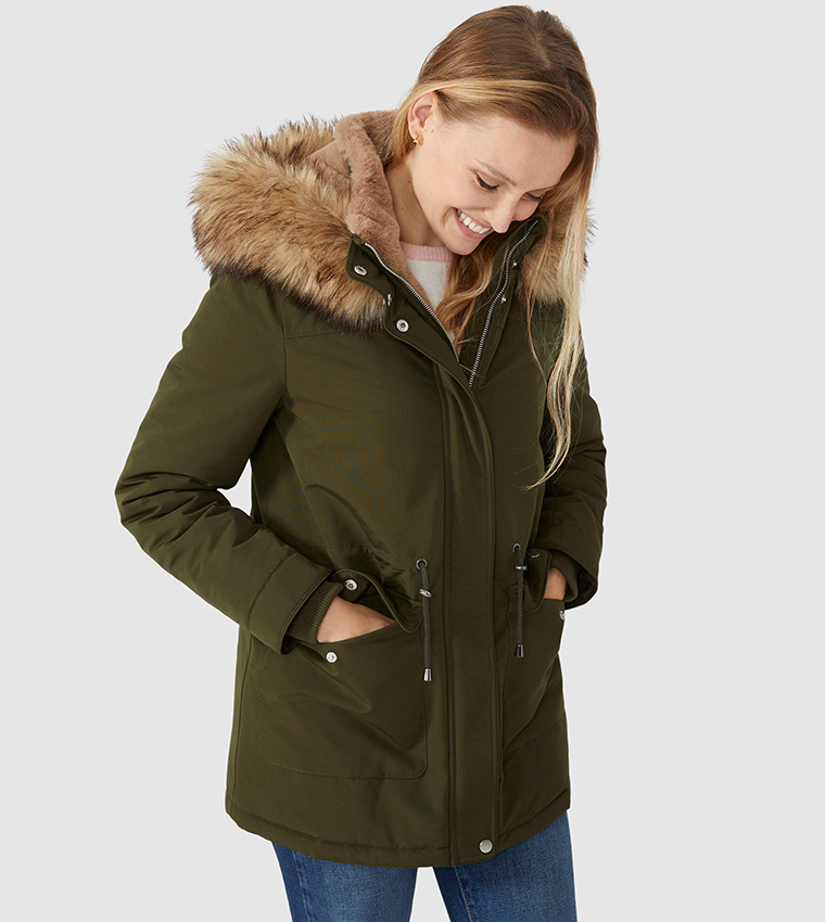 Buy Maine Padded Borg Lined Coat With Fur Hood In Khaki 6thStreet Bahrain