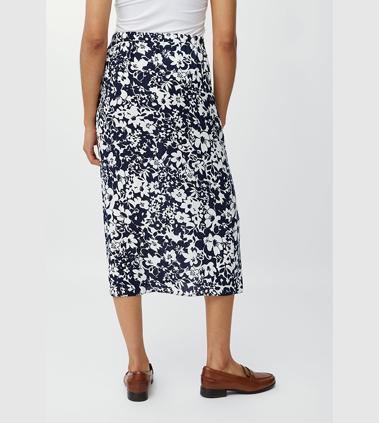 12314 Navy Tassel Detailed Floral Midi Skirt
