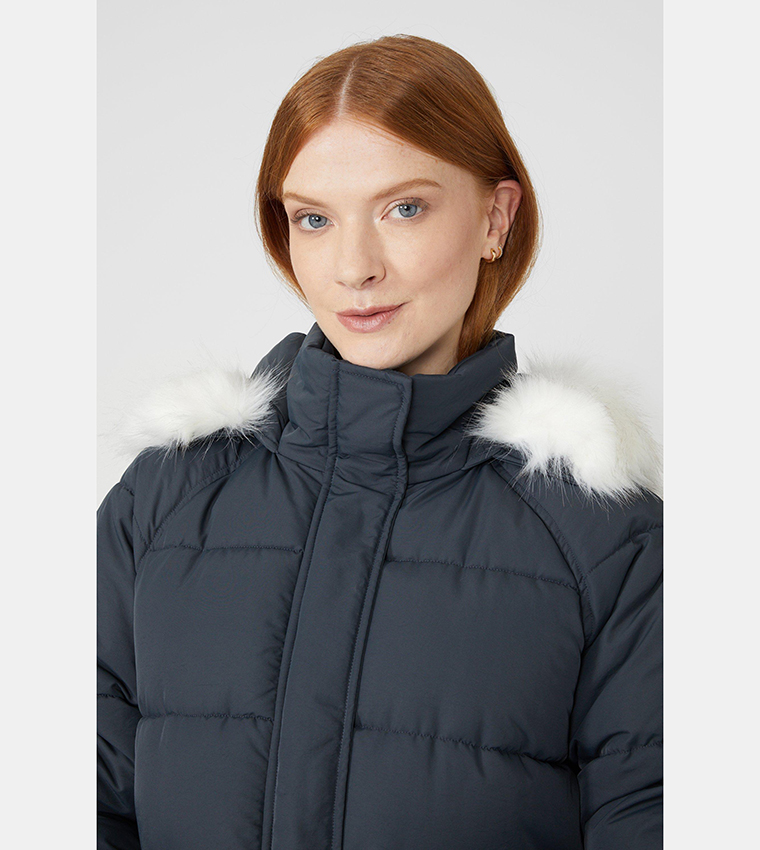 Grey Padded Coat with Fur Trim Hood - Helena