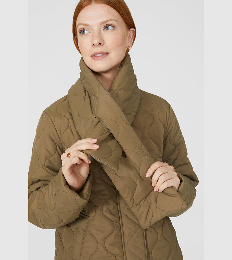 Side Pocket Quilted Padded Jacket with Removable Scarf