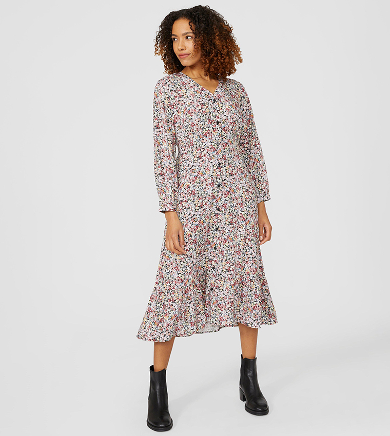 Buy Maine Ditsy Floral Print Button Detail Midi Dress In Multiple ...