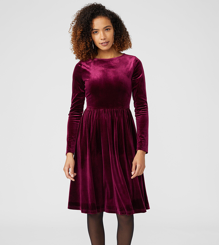 Buy Maine Velvet Fit & Flare Dress In Maroon | 6thStreet UAE