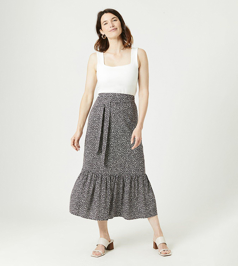 Buy Maine Ditsy Floral Print Tiered Midi Skirt In Multiple Colors