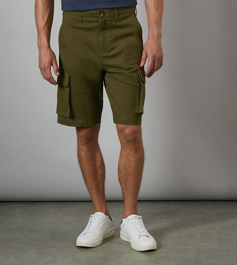 Solid Mid Rise Cargo Shorts