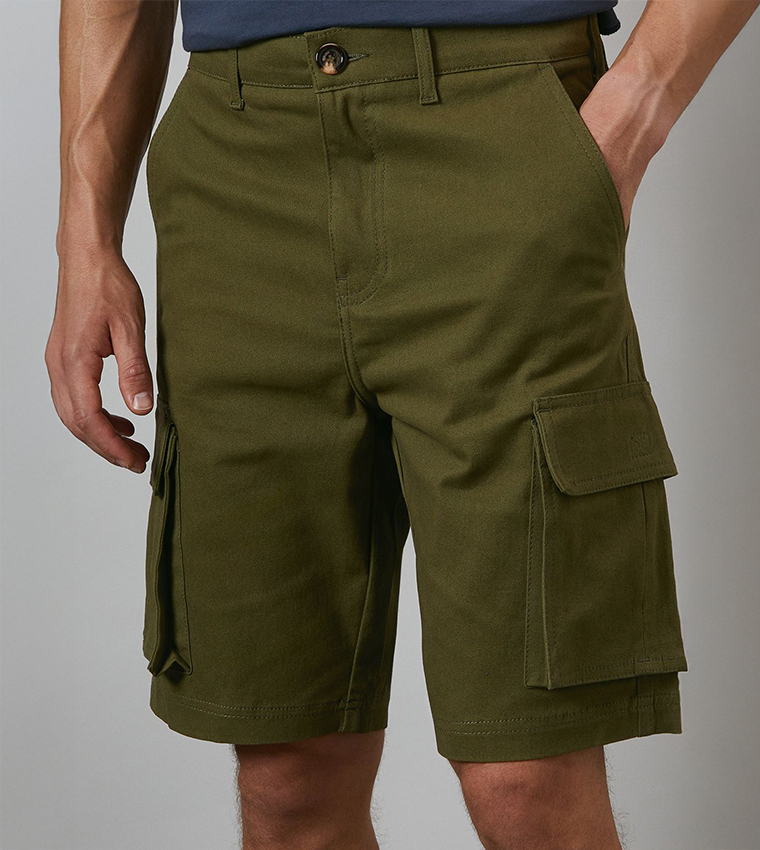 Solid Mid Rise Cargo Shorts