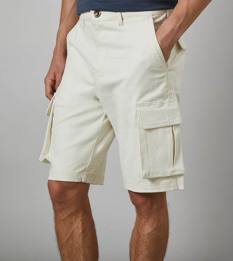 Solid Mid Rise Cargo Shorts