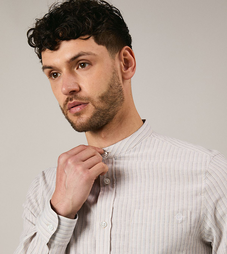 Striped Mandarin Collar Long Sleeves Shirt