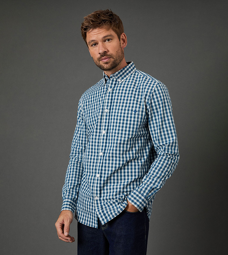 قميص كاروهات كم طويل بأزرار 