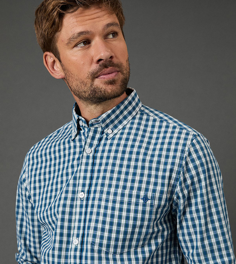 قميص كاروهات كم طويل بأزرار 