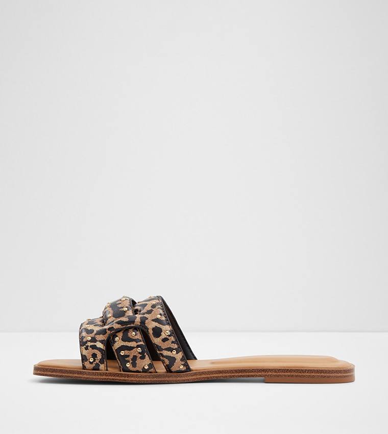 ELENAA Animal Print Studded Flat Sandals