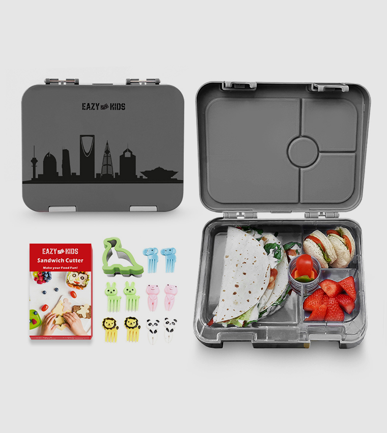 Eazy Kids - 6 & 4 Convertible Bento Lunch Box w/ Sandwich Cutter Set - Grey