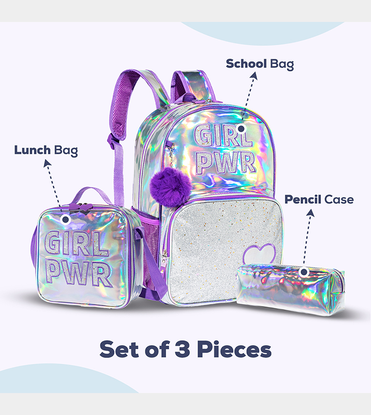 Girl Power Printed Set of 3School Bag, Lunch Bag and Pencil Case, 18 Inch