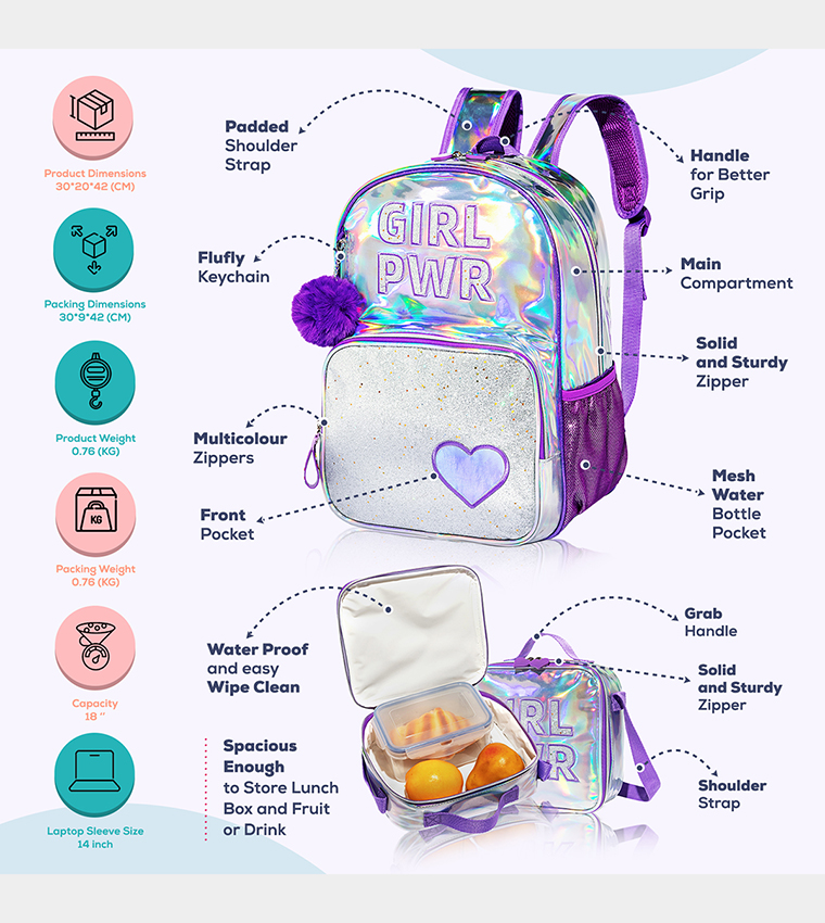 Girl Power Printed Set of 3School Bag, Lunch Bag and Pencil Case, 18 Inch