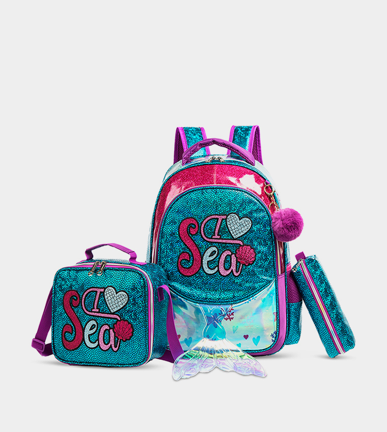 Mermaid Sea Printed Set of 3School Bag, Lunch Bag and Pencil Case, 17 Inch