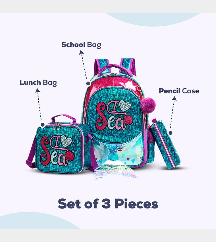 Mermaid Sea Printed Set of 3School Bag, Lunch Bag and Pencil Case, 17 Inch